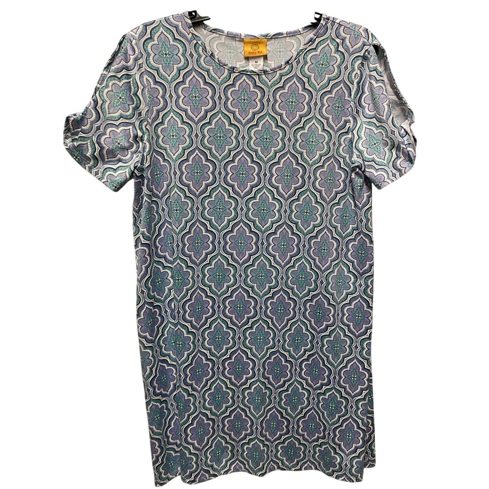 Ruby Rd Size M Mod Geo Print Dress Blue Green Purple Stretch Boho Style